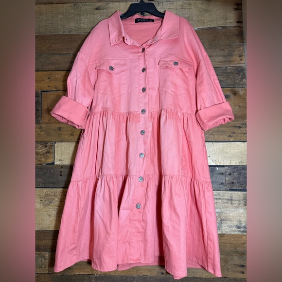 L&B Dresses & Skirts - L&B Lucky & Blessed Stretch Denim Button Down Pink Western Dress Small DDR037